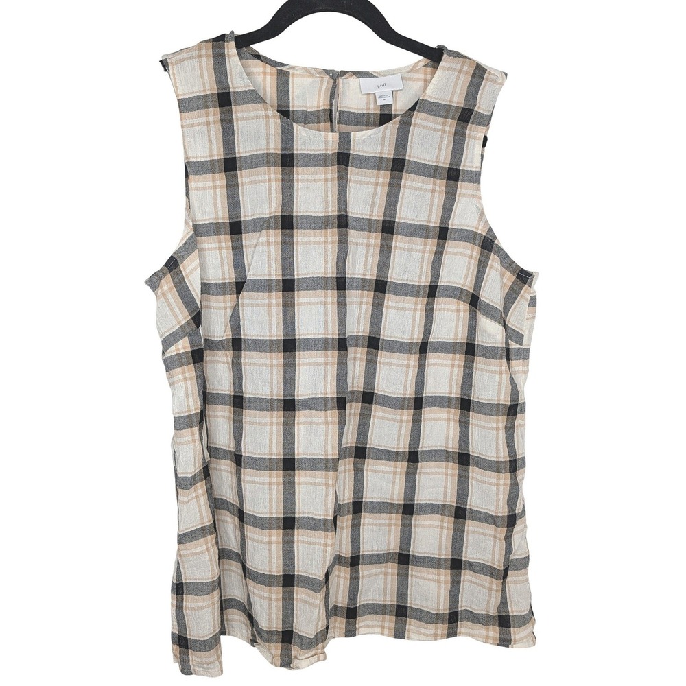 J.Jill Sleeveless Top Womens Medium Tan Black Plaid Tulip Back Cotton Blouse